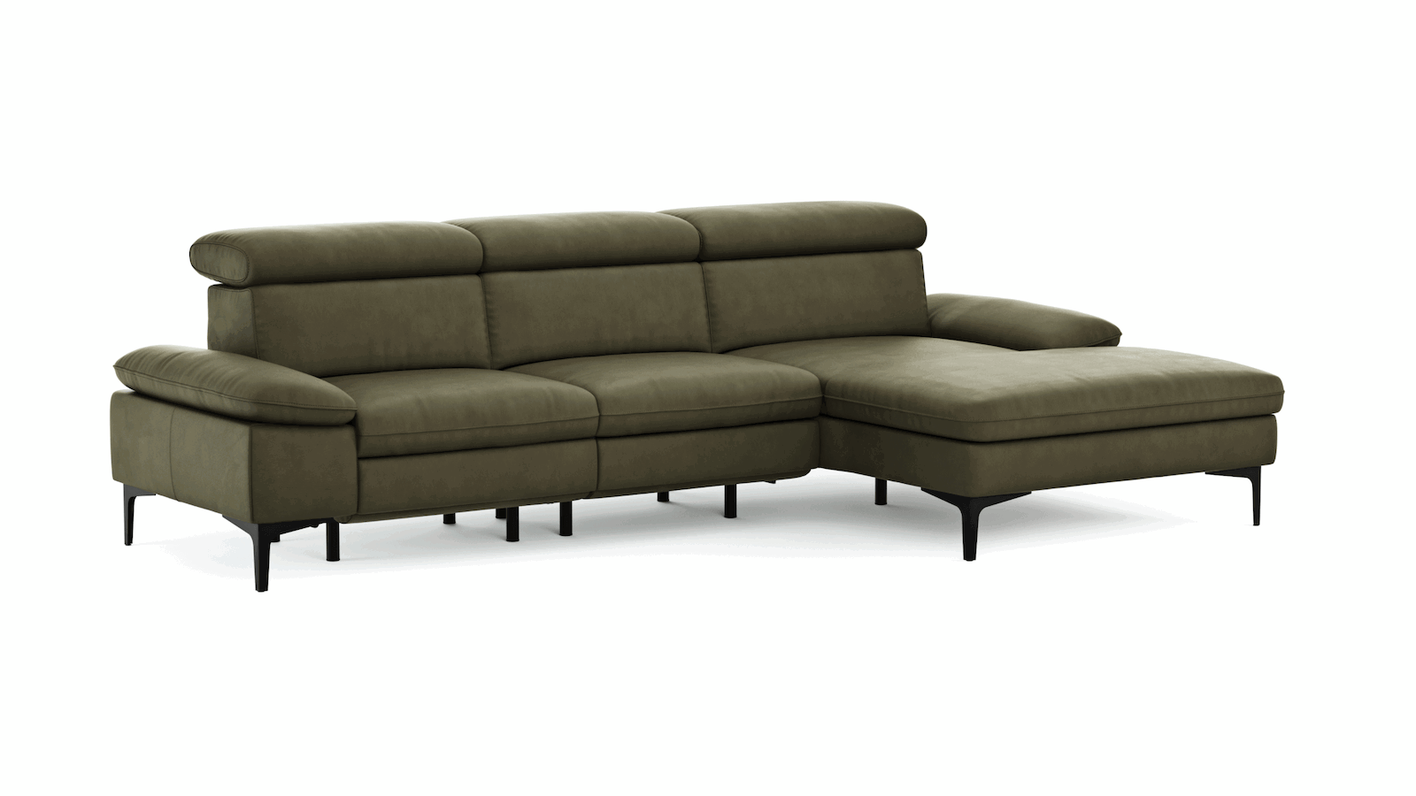 Longchair-Sofa Felipa (rechts) mit grünem Lederbezug und Relaxfunktion von Global Family