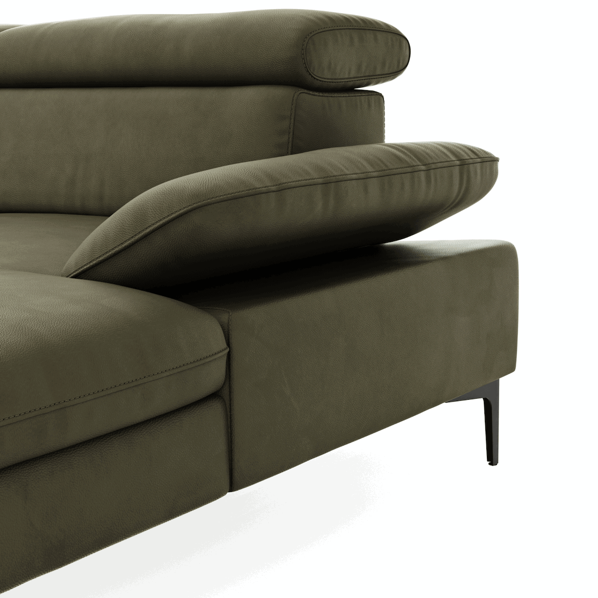Longchair-Sofa Felipa (rechts) mit grünem Lederbezug und Relaxfunktion von Global Family