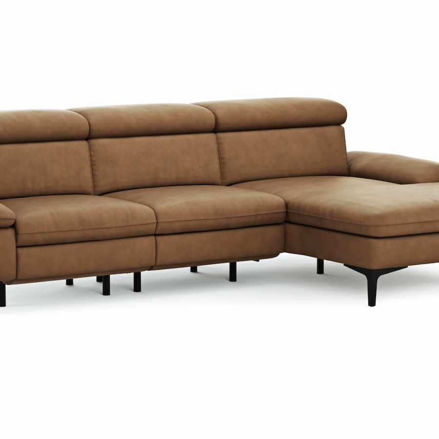 Longchair-Sofa Felipa (rechts) mit grünem Lederbezug und Relaxfunktion von Global Family
