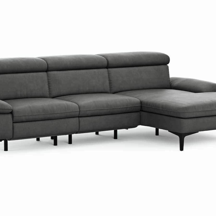 Longchair-Sofa Felipa (rechts) mit grünem Lederbezug und Relaxfunktion von Global Family