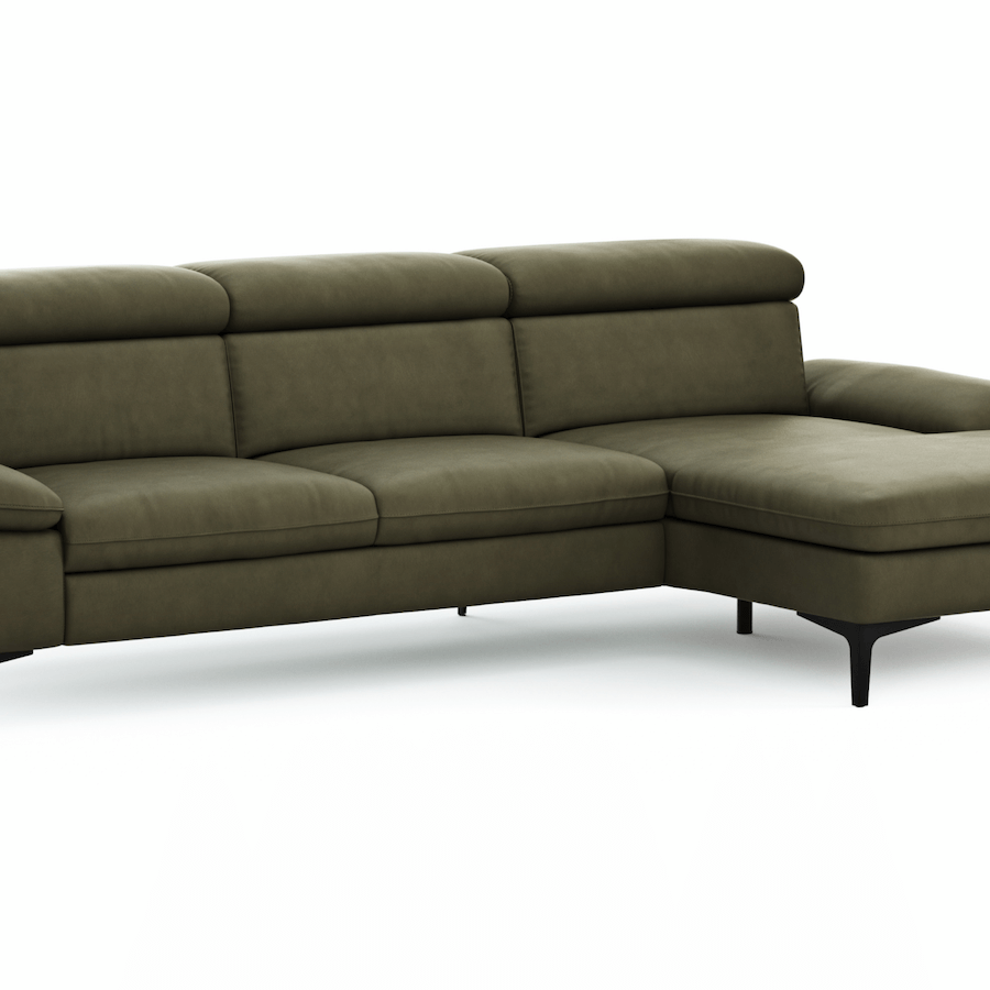 Longchair-Ecksofa Felipa (rechts) mit Lederbezug mit verstellbarem Kopfteil von Global Family