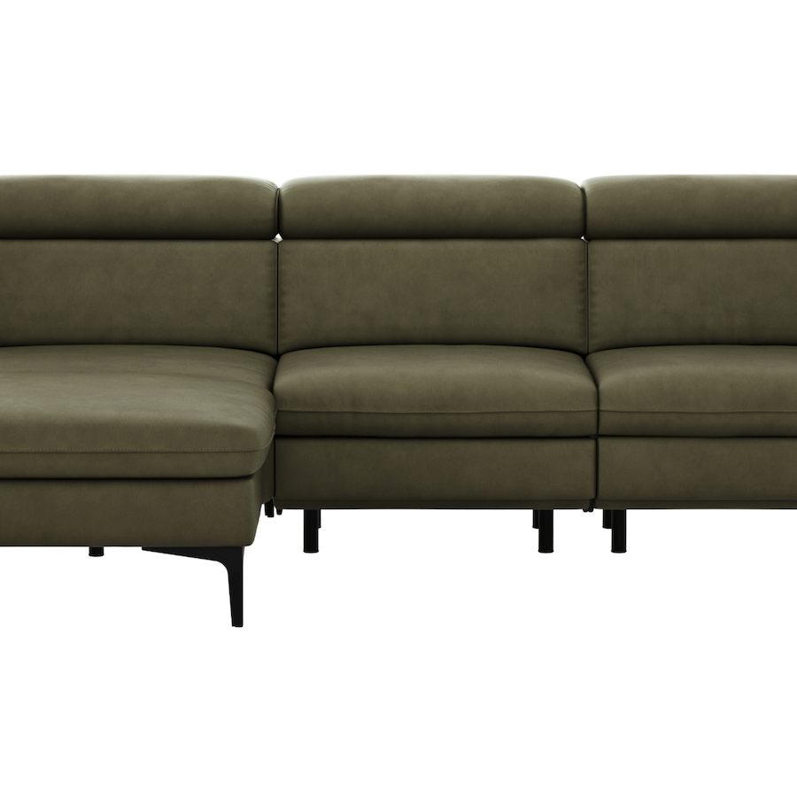 Longchair-Ecksofa Felipa (links) in Grün Lederbezug und Zusatzfunktionen von Global Family