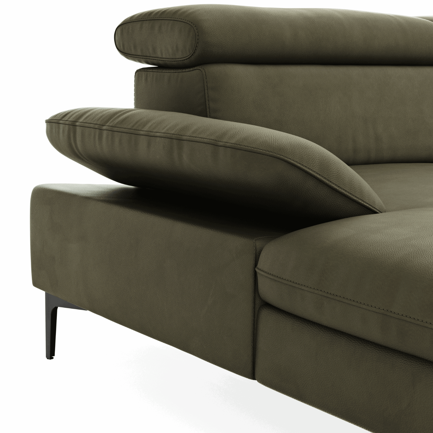 Longchair-Ecksofa Felipa (links) in Grün Lederbezug und Zusatzfunktionen von Global Family