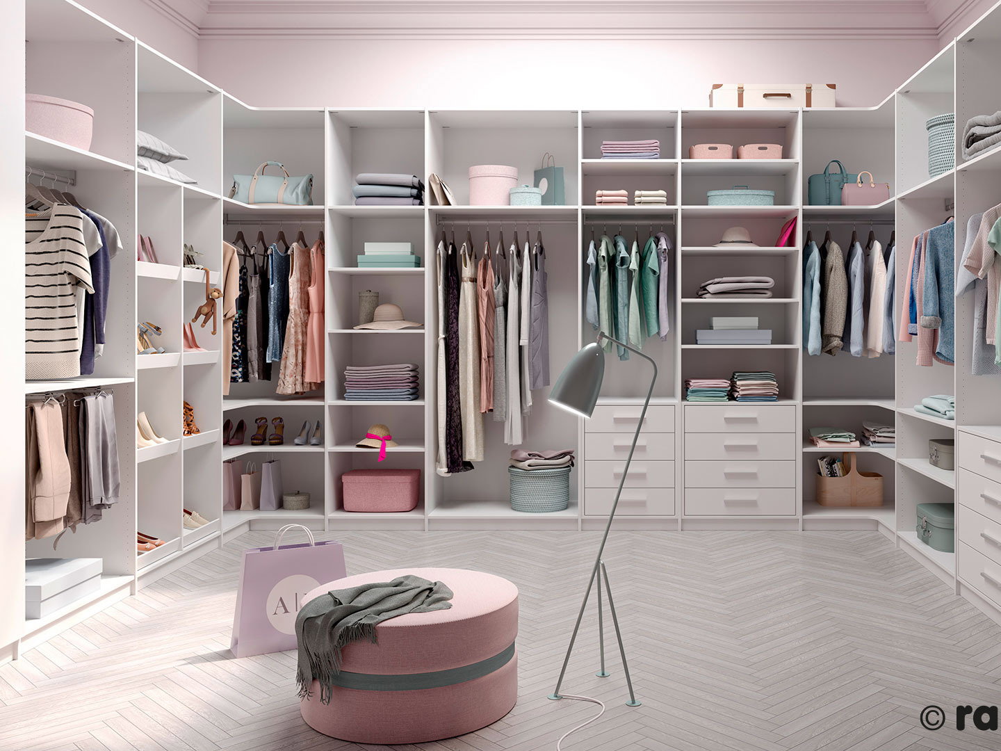Raumplus Ankleide Begehbarer Kleiderschrank Ankleideraum Ideen f&uuml;r Ankleidezimmer helle Farben Rosa W&auml;nde Ordnung Schubladen F&auml;cher Aufh&auml;ngung Home Company