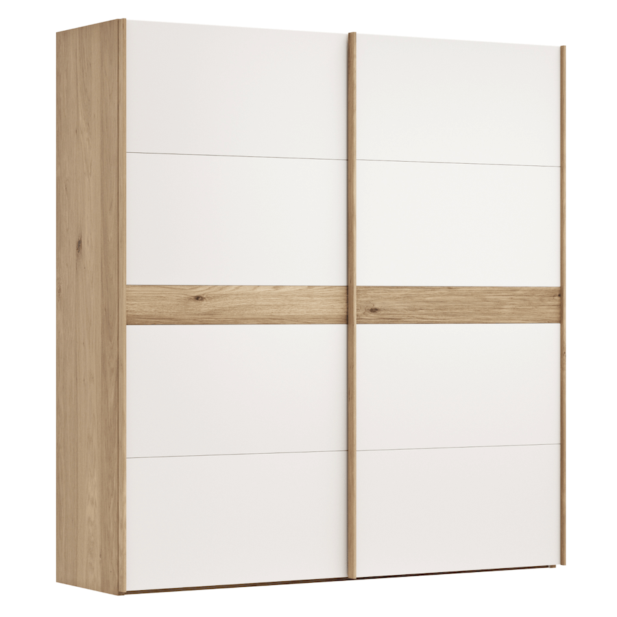 Schwebetürenschrank Viana - B ca. 301 cm, Lack, Weiß, Riffholz, Balkeneiche
