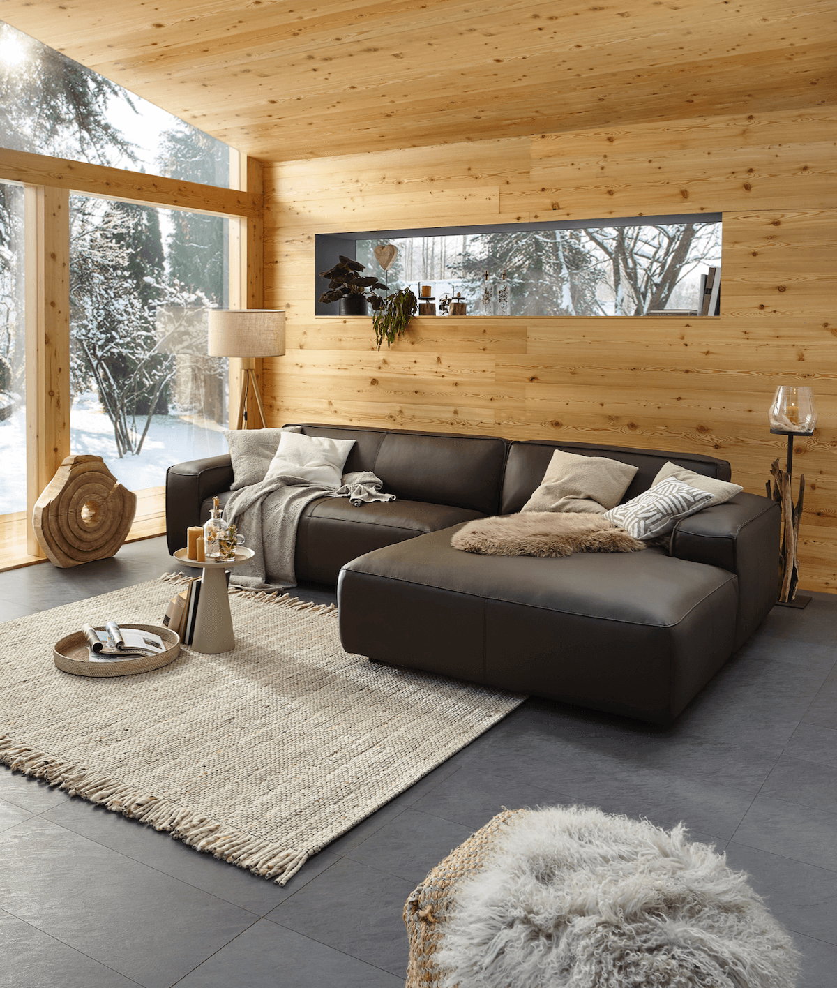 Ecksofa Denver - 2,5-Sitzer mit Longchair rechts, groß, inkl. Sitzvorzug (motorisch), Leder, Mocca von Natura Home