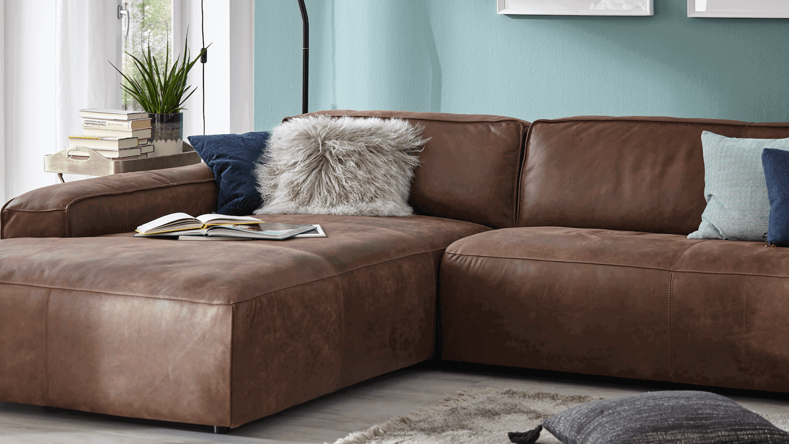 Ecksofa Denver - Longchair links mit 2,5-Sitzer, Leder, Braun von Natura Home