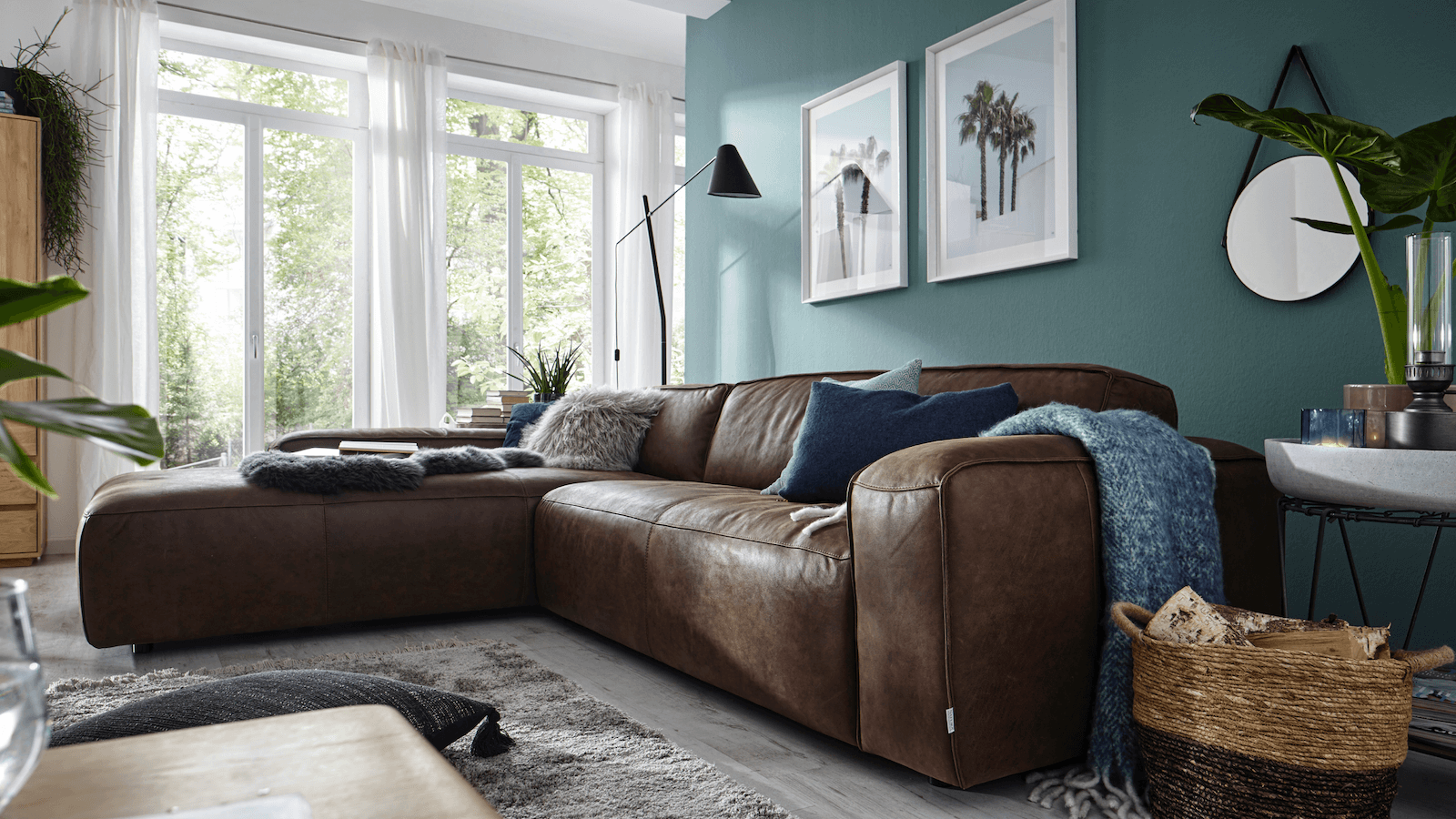 Ecksofa Denver - Longchair links mit 2,5-Sitzer, Leder, Braun von Natura Home