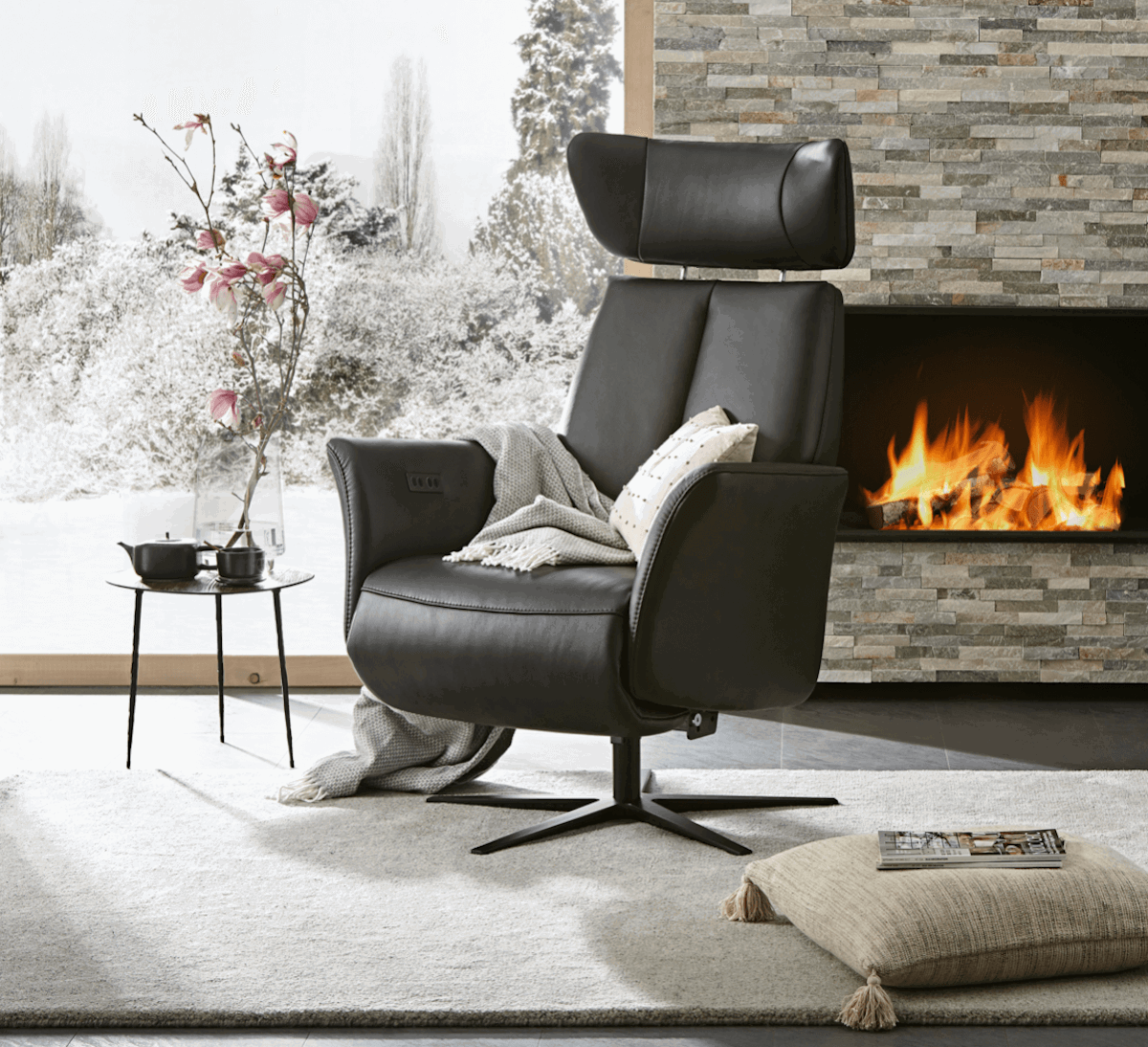 Drehsessel Aberdeen - Größe L, inkl. Relaxfunktion (motorisch) und Kopfteil verstellbar, Leder, Schwarz von Natura Home