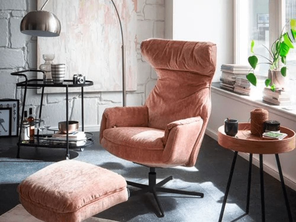 Hocker und Sessel Kian - Stoff, Koralle, Gestell, Schwarz, Komfort LUX von Raum.Freunde