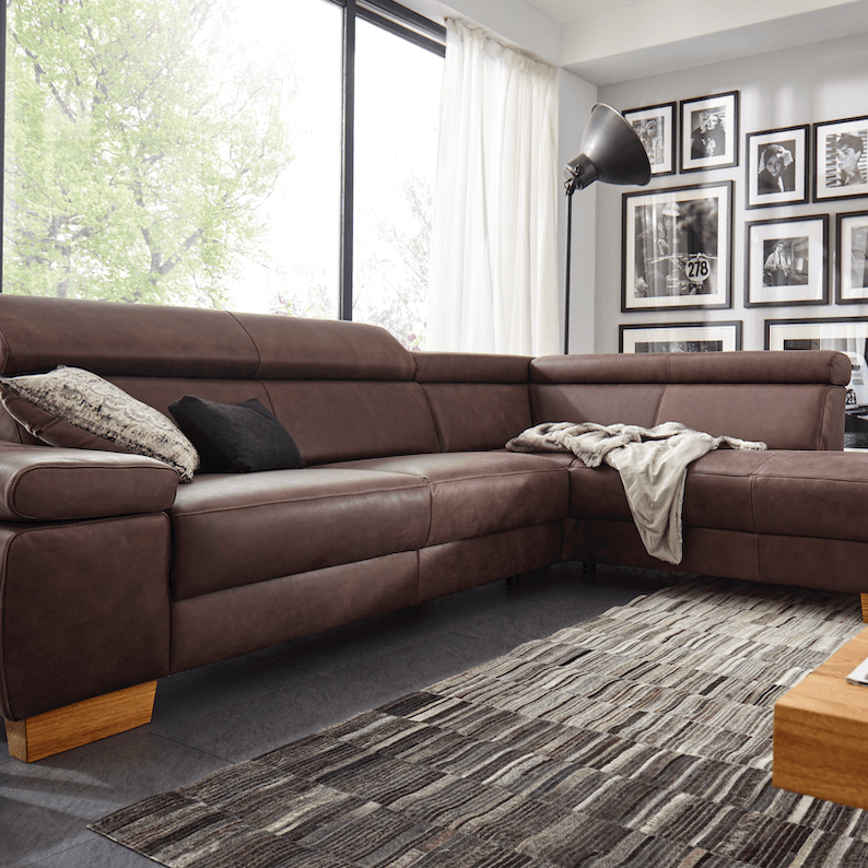 Ecksofa Philadelphia - 2,5-Sitzer mit Ecke rechts oder links inkl. Kopfteil verstellbar, Leder, Dunkelbraun von Natura Home