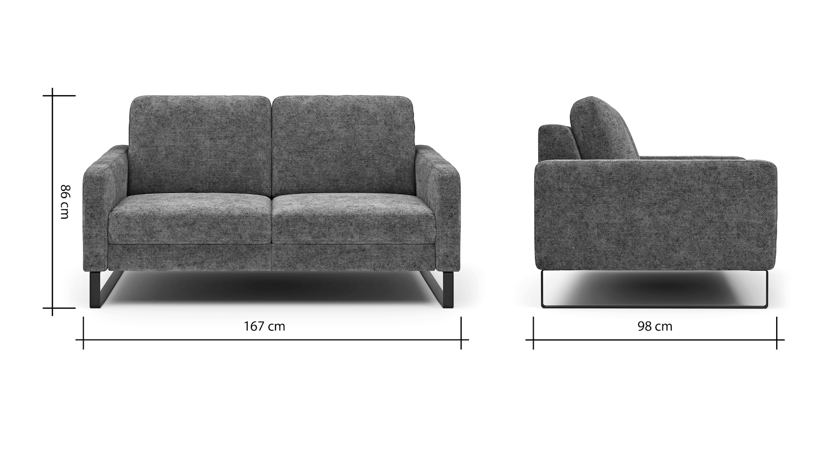 Sofa Enna - 2,5-Sitzer, Armlehne A, Stoff, Kufe, Schwarz