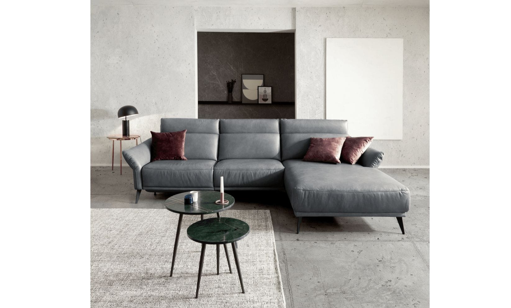 Ecksofa Justus - 3-Sitzer mit Longchair rechts, inkl. Kopfstütze verstellbar, Leder, Eisengrau