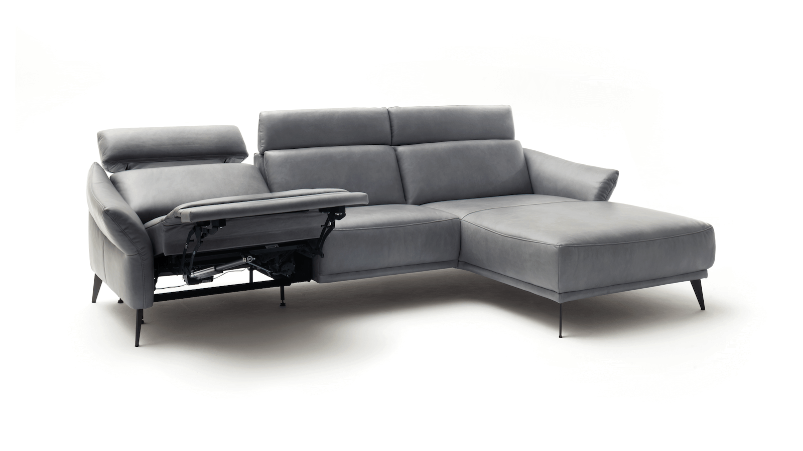 Ecksofa Justus - 3-Sitzer mit Longchair rechts, inkl. Relaxfunktion/Kopfstütze verstellbar (motorisch), Leder, Eisengrau