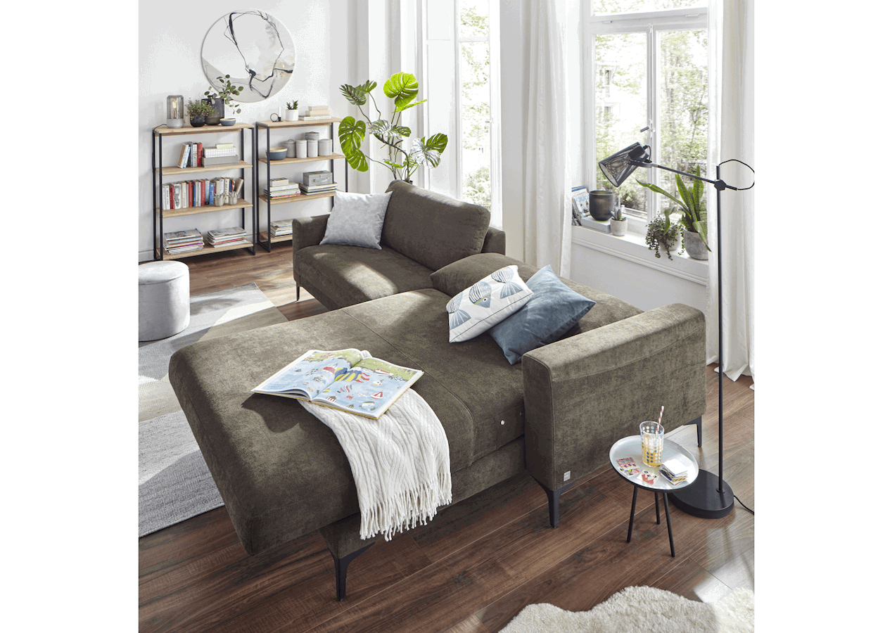 Ecksofa Oviedo - 1,5-Sitzer mit Longchair rechts inkl. Relaxfunktion (motorisch), Stoff, Braungr&uuml;n von Global Family