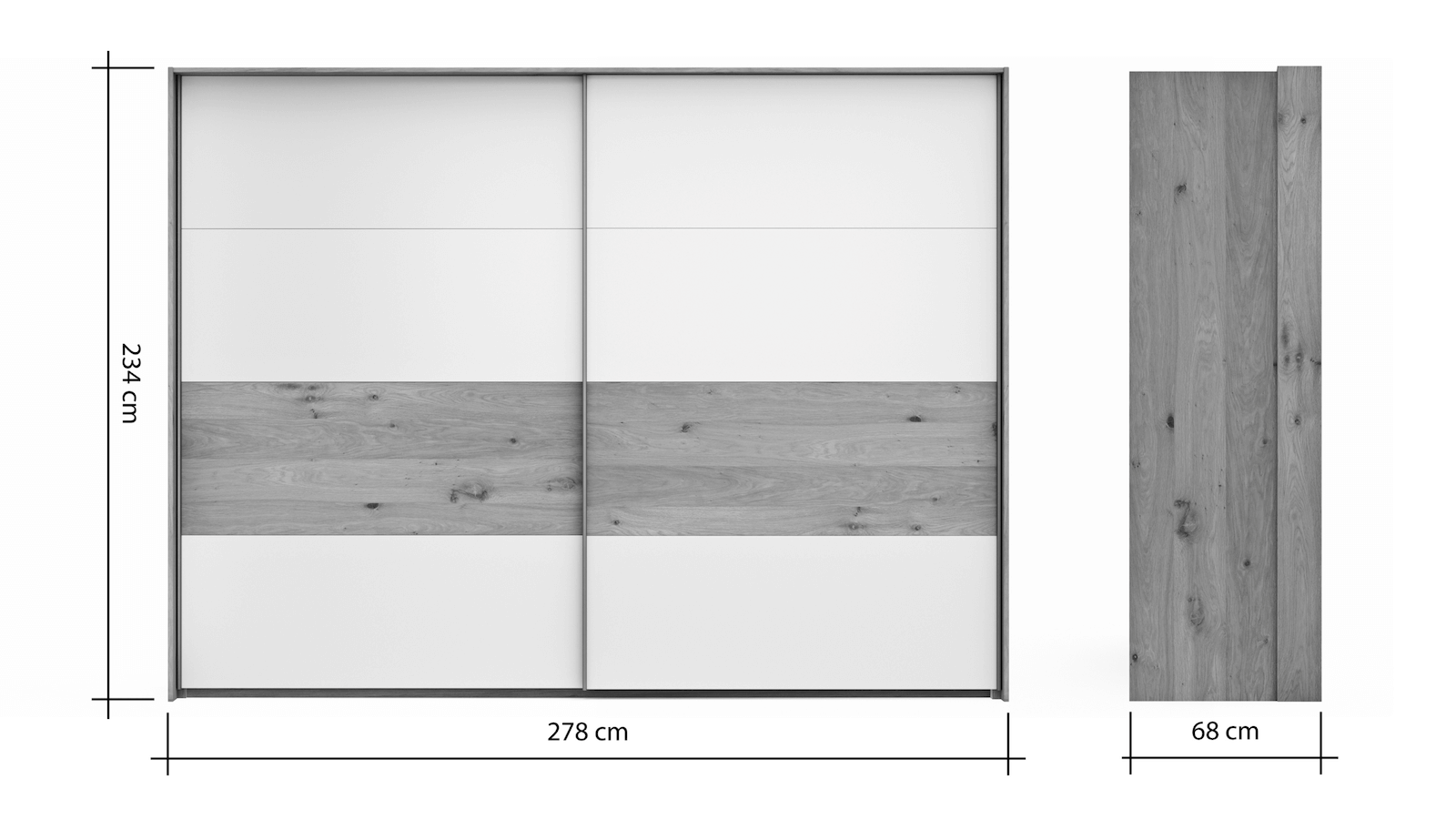 Schwebetürenschrank Viana - B ca. 278 cm, Furnier, Balkeneiche, Weiß