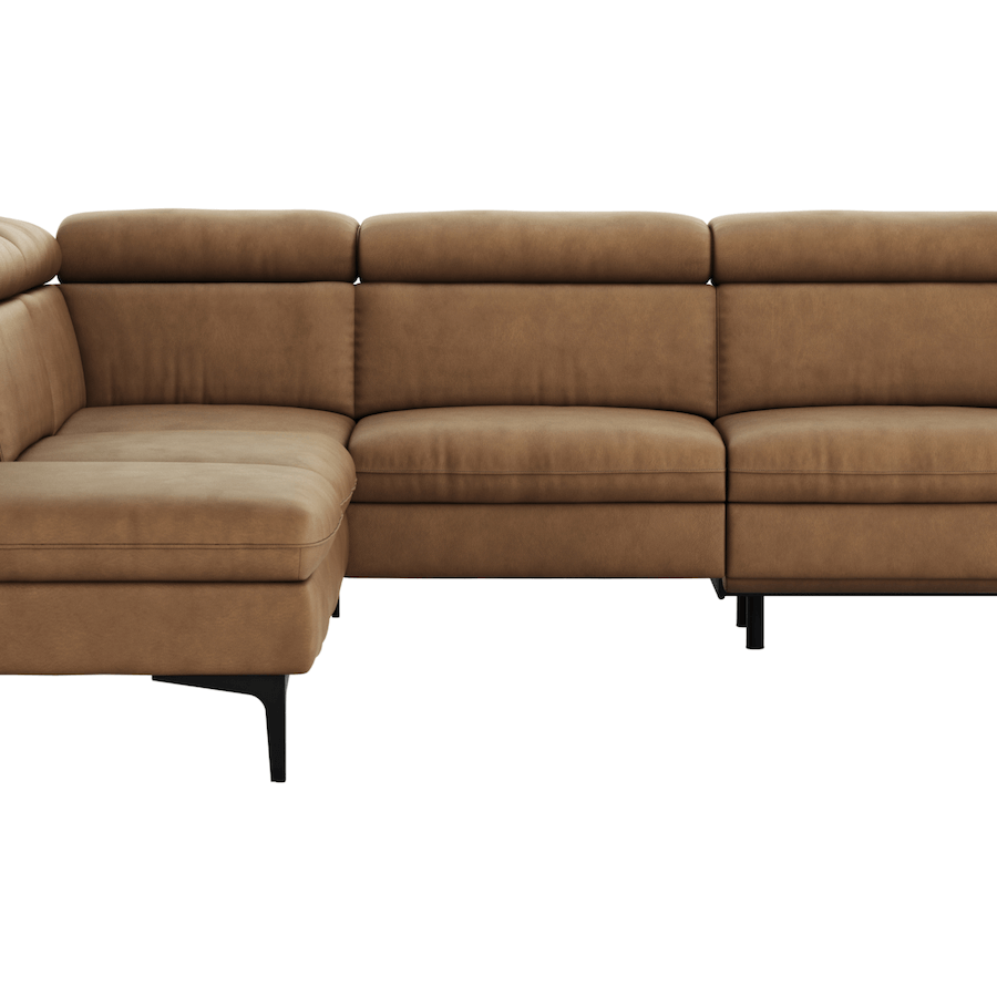 Cognac-Braunes Ecksofa Felipa mit Lederbezug und Zusatzfunktionen von Global Family