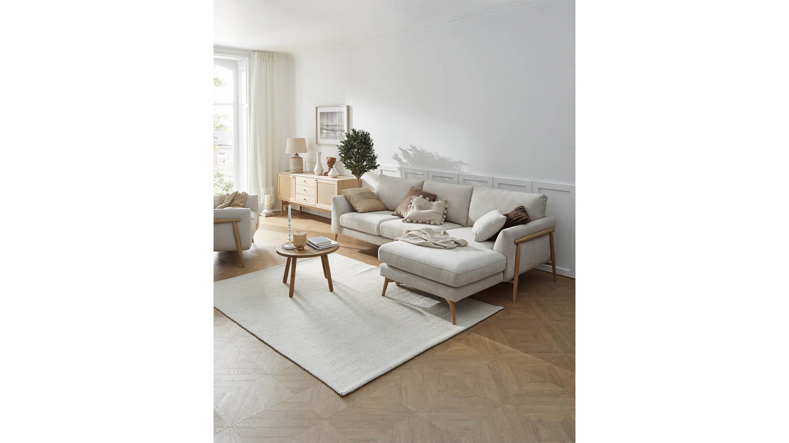 Ecksofa Sutton - 2-Sitzer mit Longchair rechts, Stoff, Beige – Bild 3