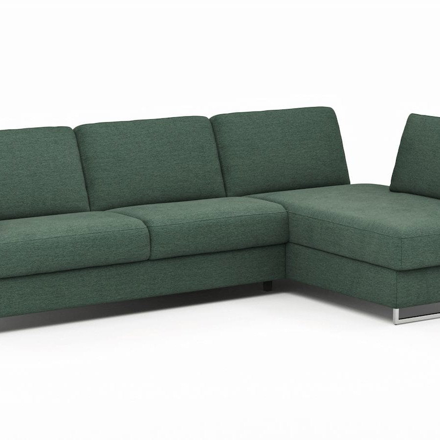 Ecksofa Nuoro - 2-Sitzer mit Longchair rechts inkl. Schlaffunktion und Bettkasten, Stoff, Dunkelgrün