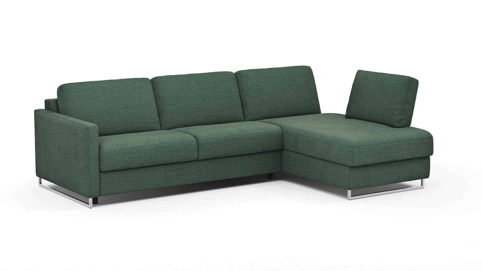 Ecksofa Nuoro - 2-Sitzer mit Longchair rechts inkl. Schlaffunktion und Bettkasten, Stoff, Dunkelgrün
