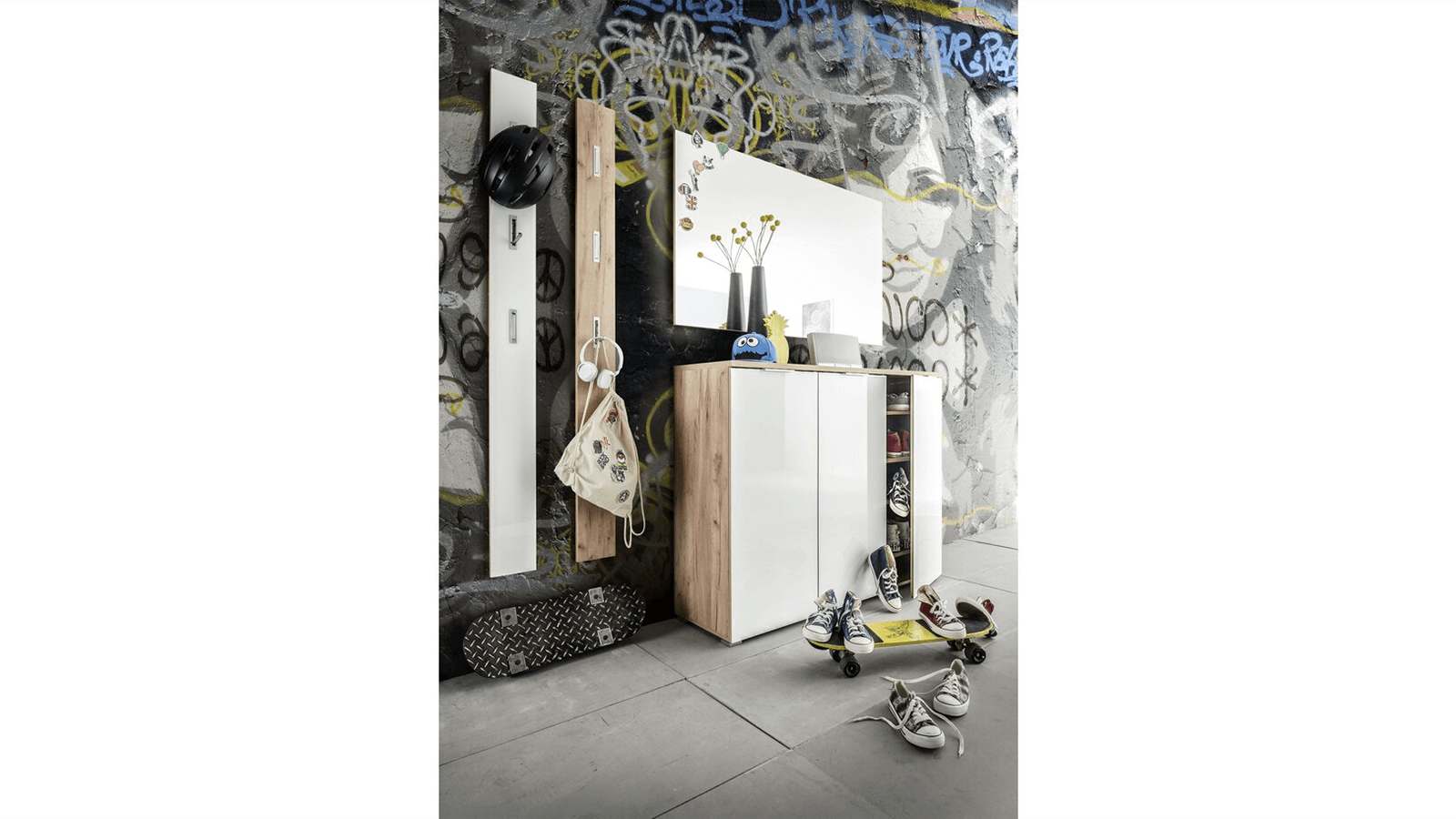 Schuhschrank GLEDA - Glas, Weiß, Eiche Dekor – Bild 2