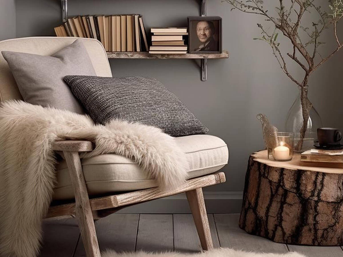 Leseecke einrichten mit Sessel, Kissen, Decke und Buechern; herbstliche Leseecke zuhause, gemütliche Leseecke mit Fell und Kissen, Herbst, Bücher und Kerzen, cosy, cozy, home im Herbst