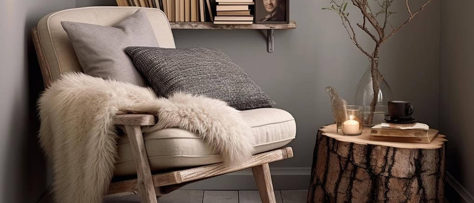 Leseecke einrichten mit Sessel, Kissen, Decke und Buechern; herbstliche Leseecke zuhause, gemütliche Leseecke mit Fell und Kissen, Herbst, Bücher und Kerzen, cosy, cozy, home im Herbst