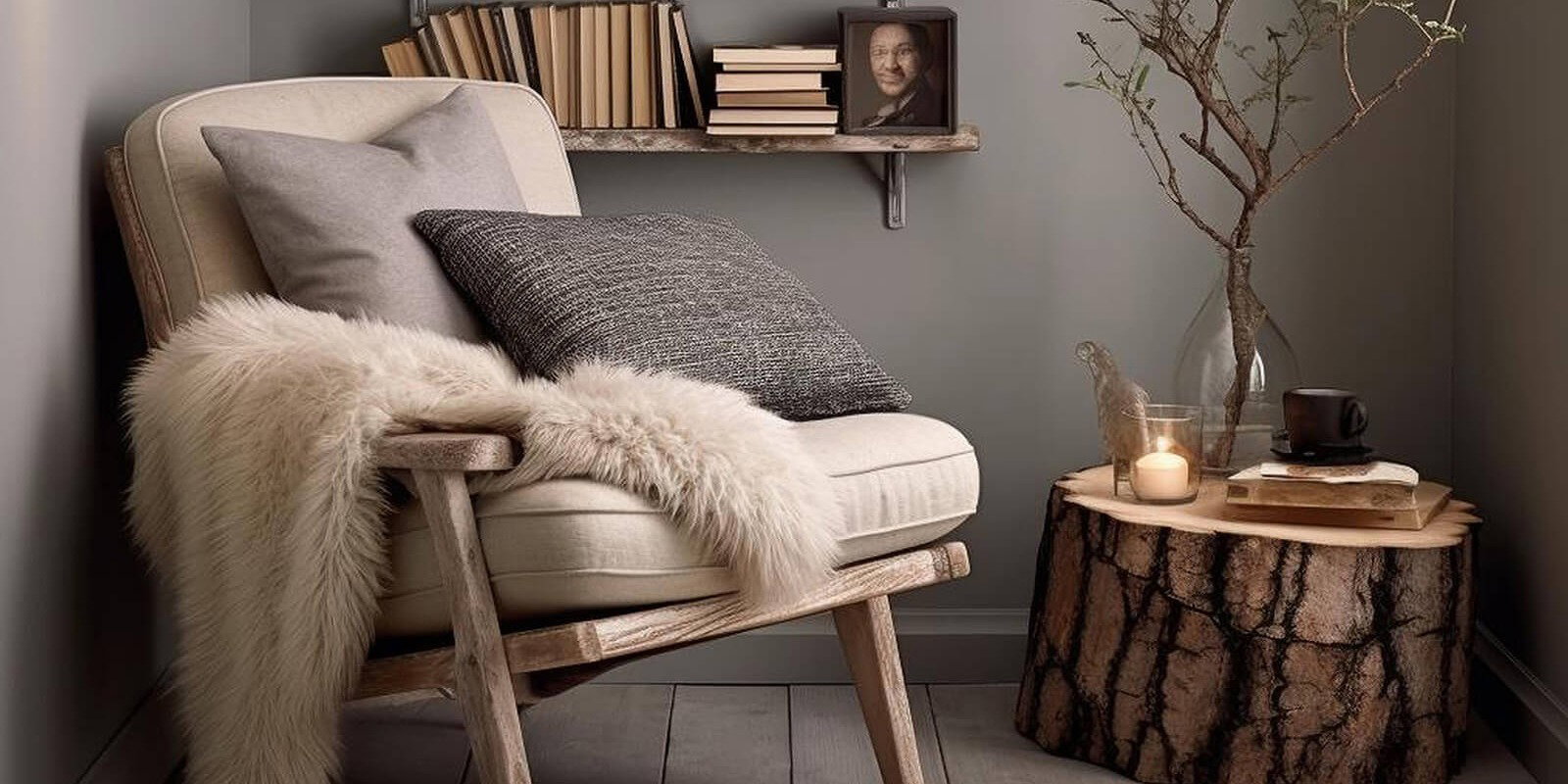 Leseecke einrichten mit Sessel, Kissen, Decke und Buechern; herbstliche Leseecke zuhause, gemütliche Leseecke mit Fell und Kissen, Herbst, Bücher und Kerzen, cosy, cozy, home im Herbst