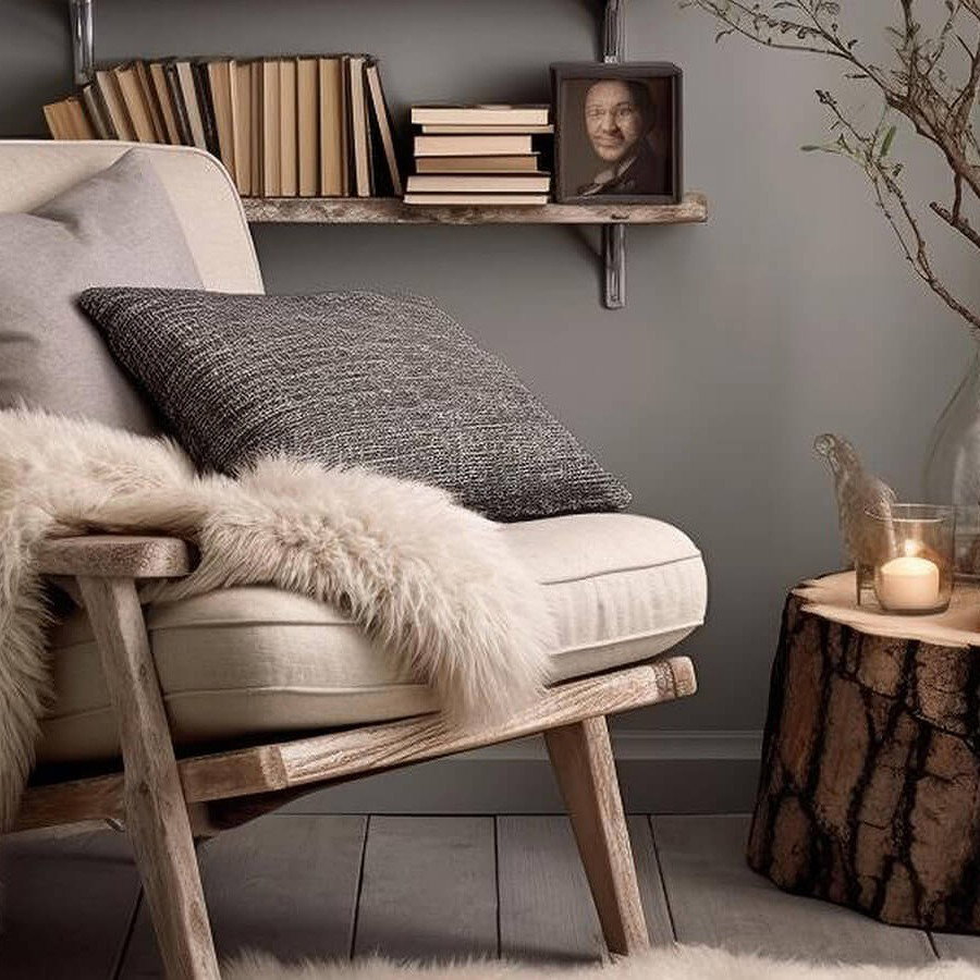 Leseecke einrichten mit Sessel, Kissen, Decke und Buechern; herbstliche Leseecke zuhause, gem&uuml;tliche Leseecke mit Fell und Kissen, Herbst, B&uuml;cher und Kerzen, cosy, cozy, home im Herbst