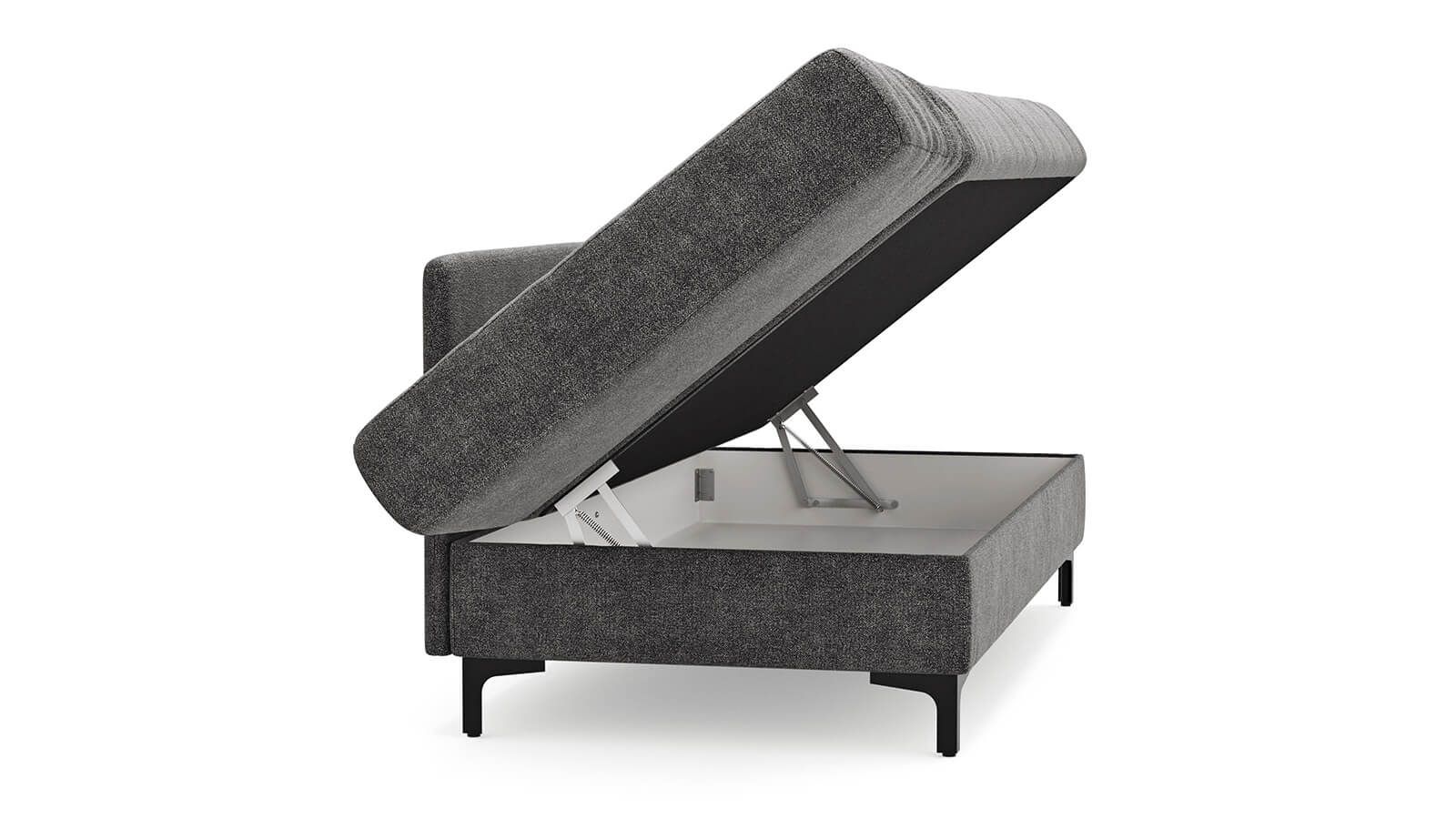 Großzügiges Schlafsofa mit Stoffbezug in verschiedenen Farben, komfortabler Sitzfläche, breiten Armlehnen, zwei Rückenkissen und schwarzen Designfüßen aus Metall