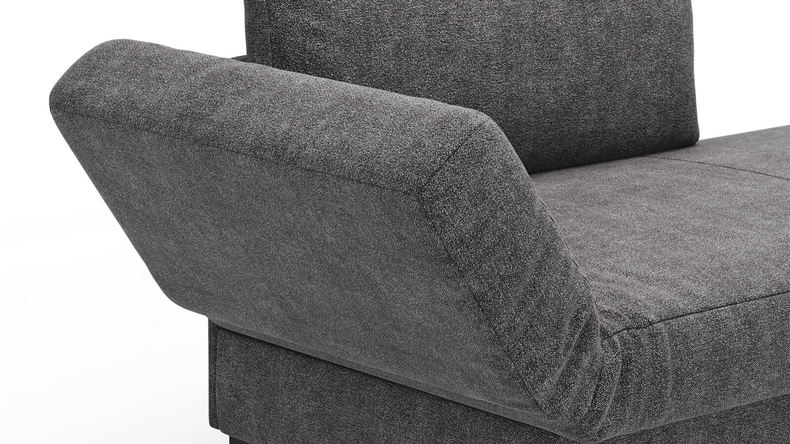 Großzügiges Schlafsofa mit Stoffbezug in verschiedenen Farben, komfortabler Sitzfläche, breiten Armlehnen, zwei Rückenkissen und schwarzen Designfüßen aus Metall