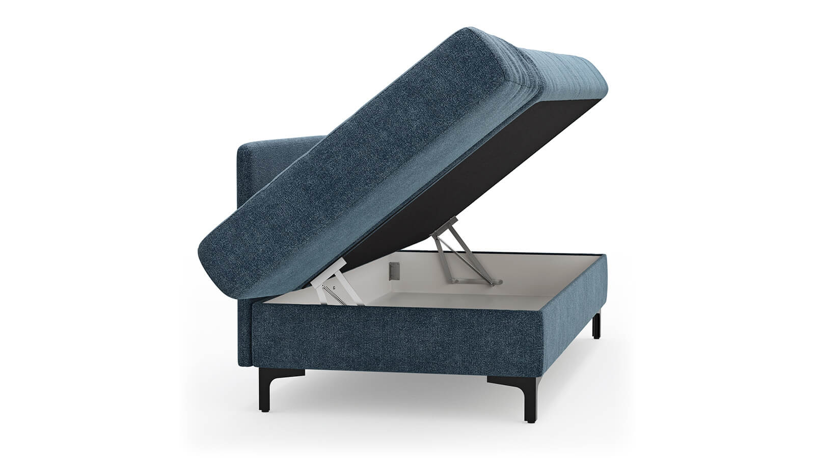Großzügiges Schlafsofa mit Stoffbezug in verschiedenen Farben, komfortabler Sitzfläche, breiten Armlehnen, zwei Rückenkissen und schwarzen Designfüßen aus Metall