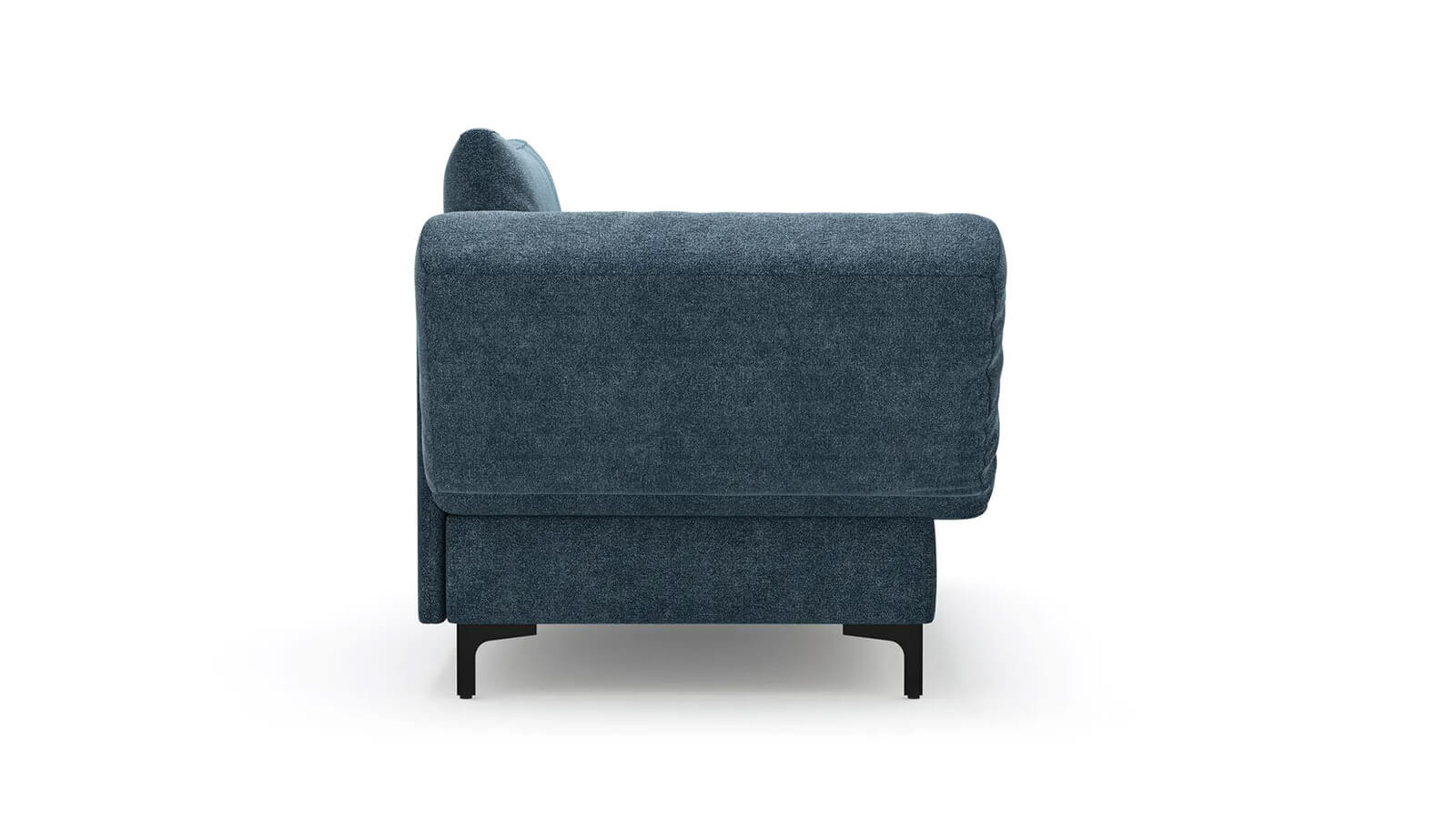 Großzügiges Schlafsofa mit Stoffbezug in verschiedenen Farben, komfortabler Sitzfläche, breiten Armlehnen, zwei Rückenkissen und schwarzen Designfüßen aus Metall