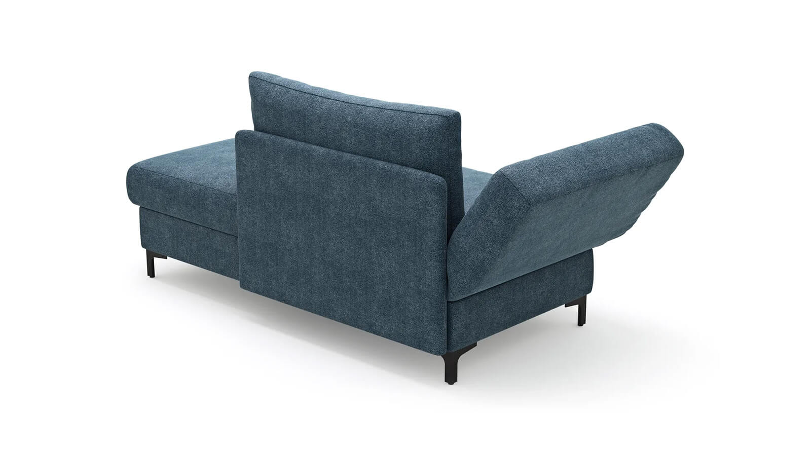 Großzügiges Schlafsofa mit Stoffbezug in verschiedenen Farben, komfortabler Sitzfläche, breiten Armlehnen, zwei Rückenkissen und schwarzen Designfüßen aus Metall