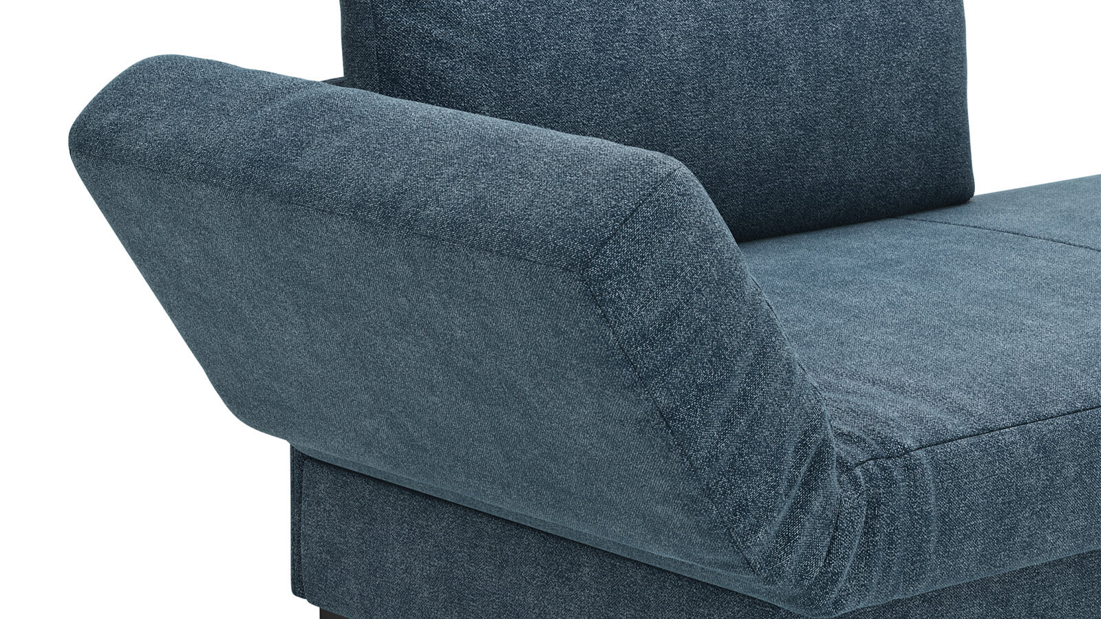 Großzügiges Schlafsofa mit Stoffbezug in verschiedenen Farben, komfortabler Sitzfläche, breiten Armlehnen, zwei Rückenkissen und schwarzen Designfüßen aus Metall