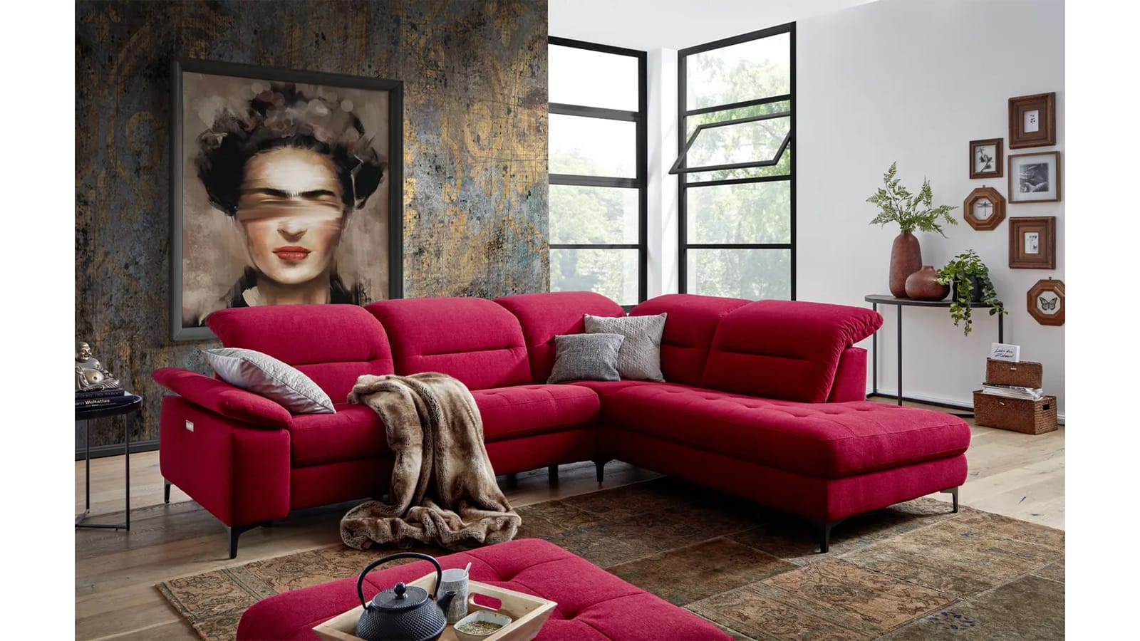 Ecksofa EM Brügge - 3-Sitzer mit Ecke rechts inkl. Kopfteil und Armlehne verstellbar, Stoff, Rot – Bild 2