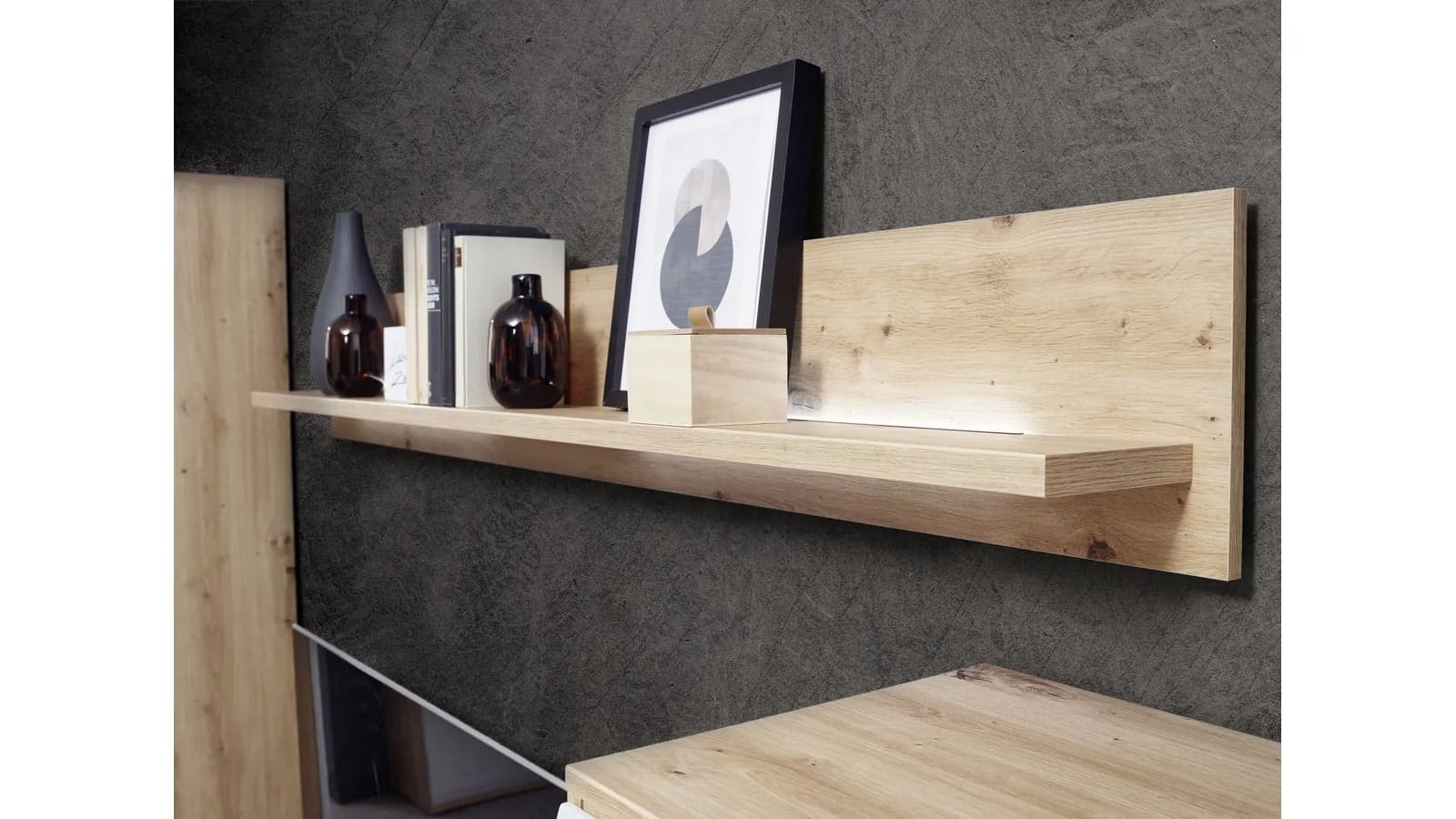 Wohnwand EM Teolo - mit Wandboard und Beleuchtung und geschroppter Rückwand, Alteiche, Lichtgrau – Bild 7