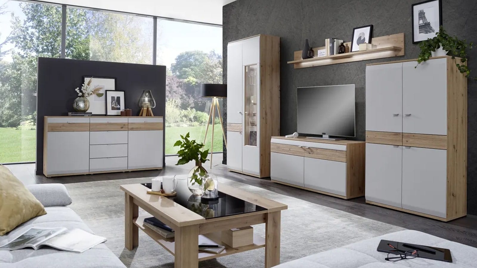 Wohnwand EM Teolo - mit Wandboard und Beleuchtung und geschroppter Rückwand, Alteiche, Lichtgrau – Bild 8