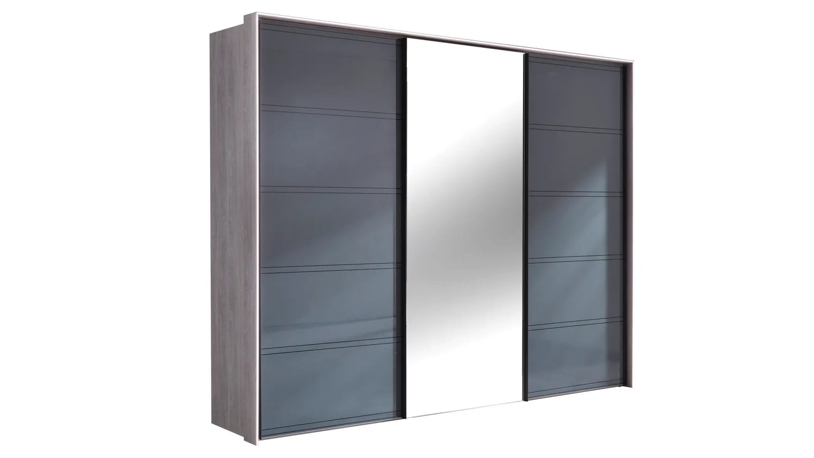 Schwebetürenschrank 3-türig EM Arango - mit Passepartout und Beleuchtung, B. ca. 298 cm, Dekor Eiche grau, Anthrazitglas, Kristallspiegel