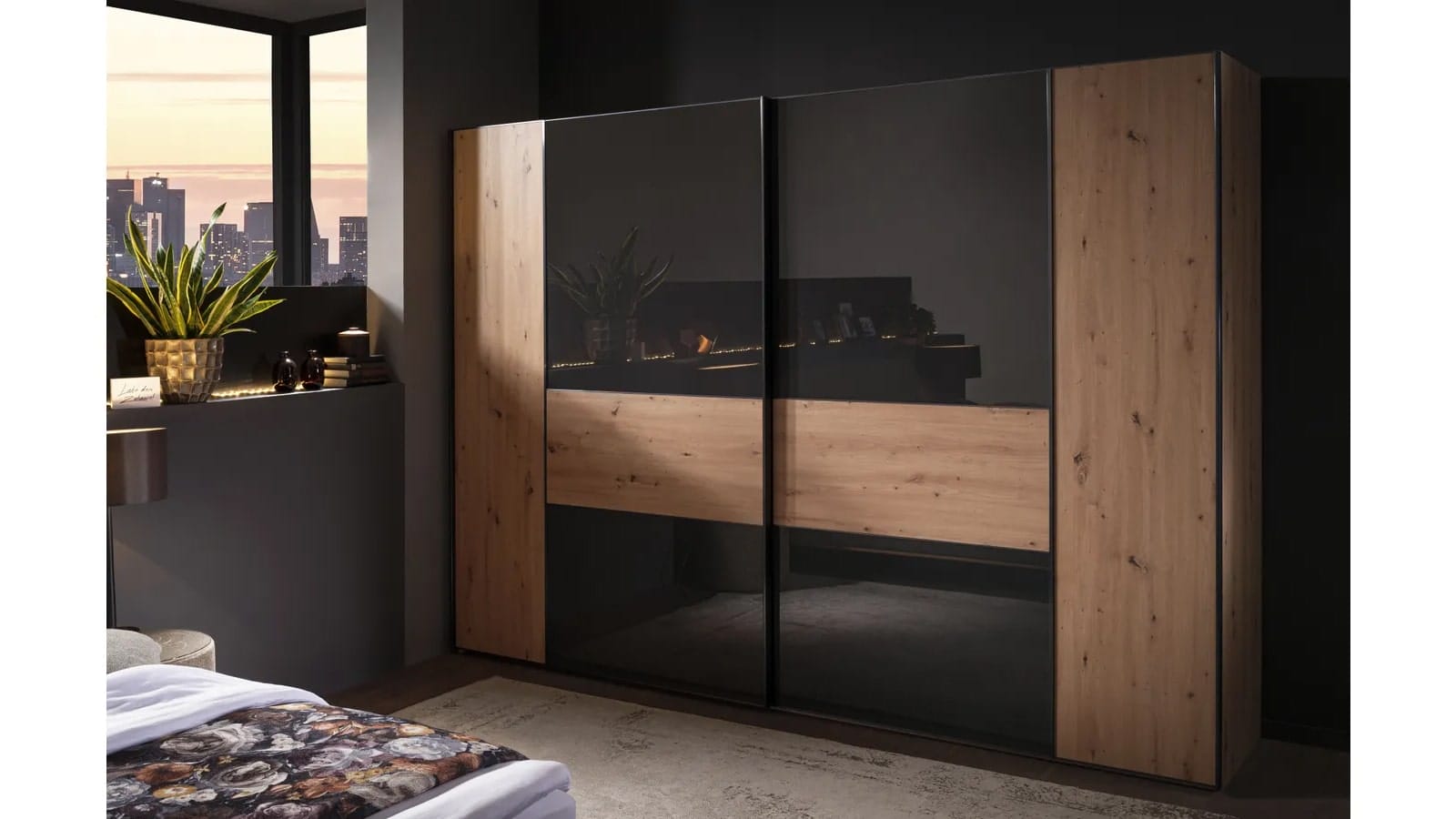 Schwebetürenschrank 2-türig EM Avola - B. ca. 298 cm, Dekor Eiche, Anthrazitglas – Bild 2