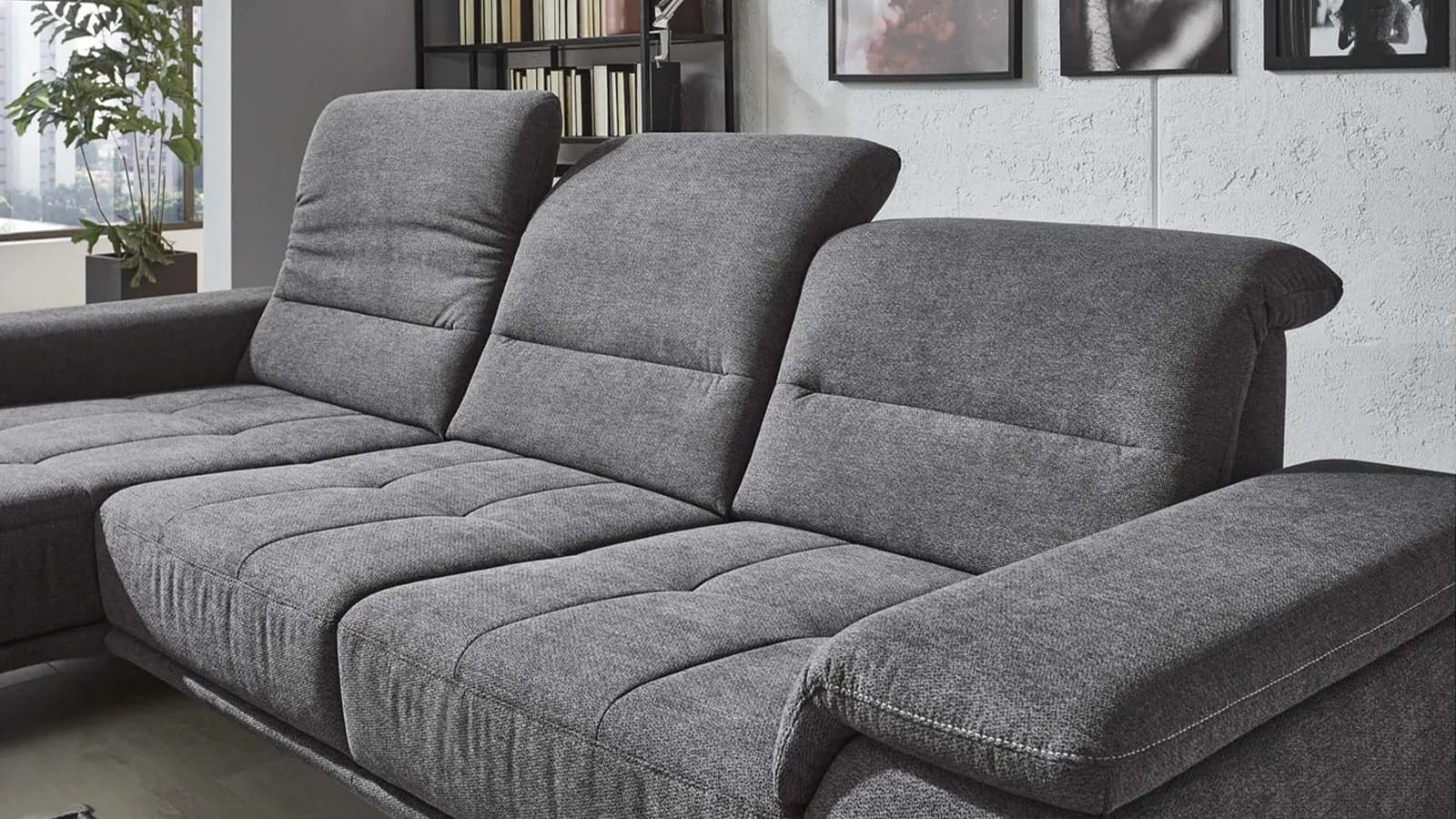 Sofa - Longchair links mit 3-Sitzer inkl. Kopfteil verstellbar, Stoff, Anthrazit – Bild 3