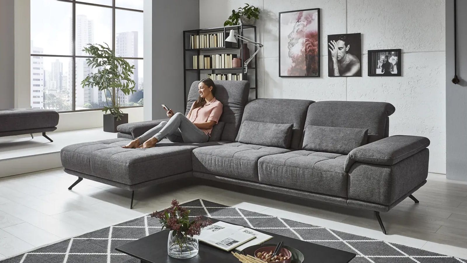 Sofa - Longchair links mit 3-Sitzer inkl. Kopfteil verstellbar, Stoff, Anthrazit – Bild 6