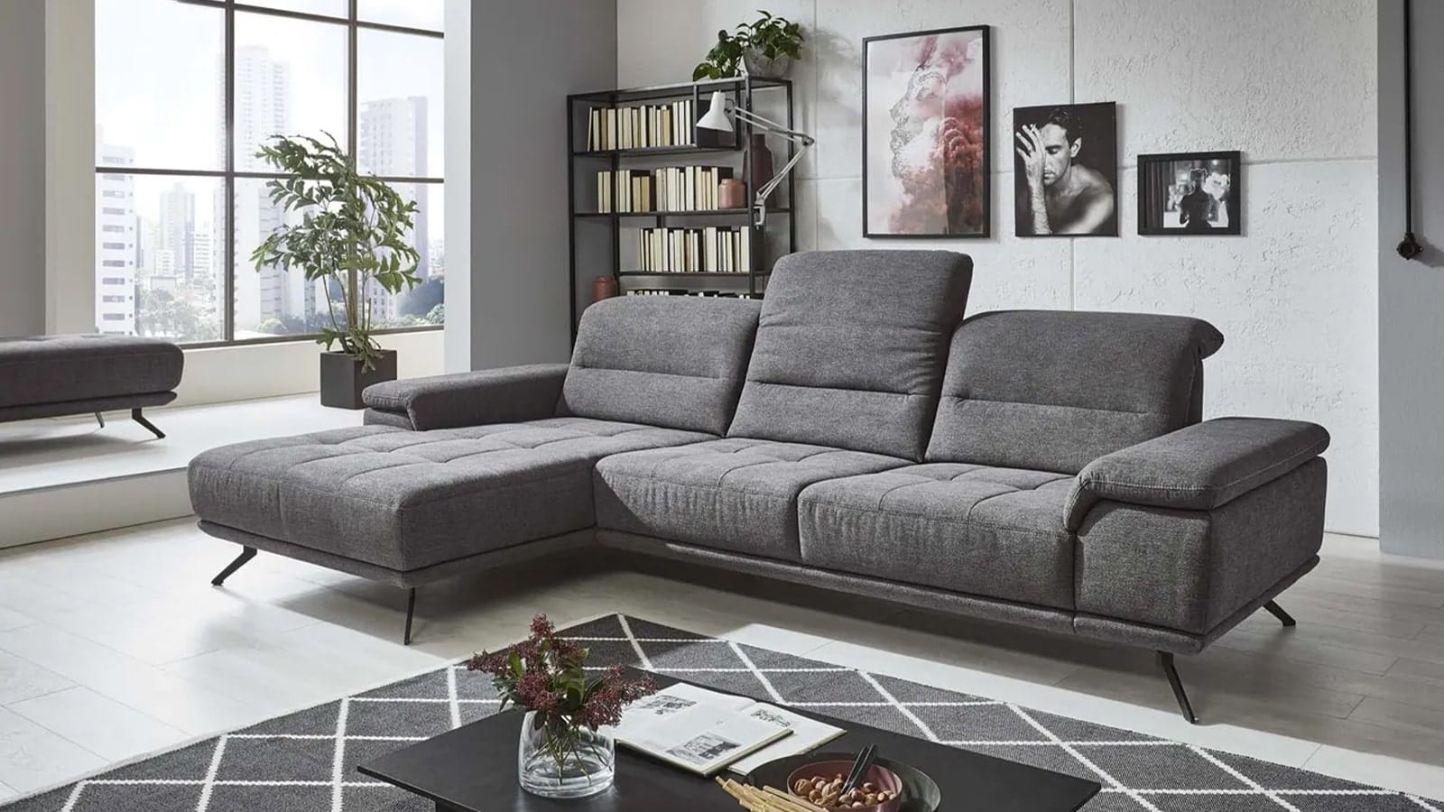 Sofa - Longchair links mit 3-Sitzer inkl. Kopfteil verstellbar, Stoff, Anthrazit – Bild 4