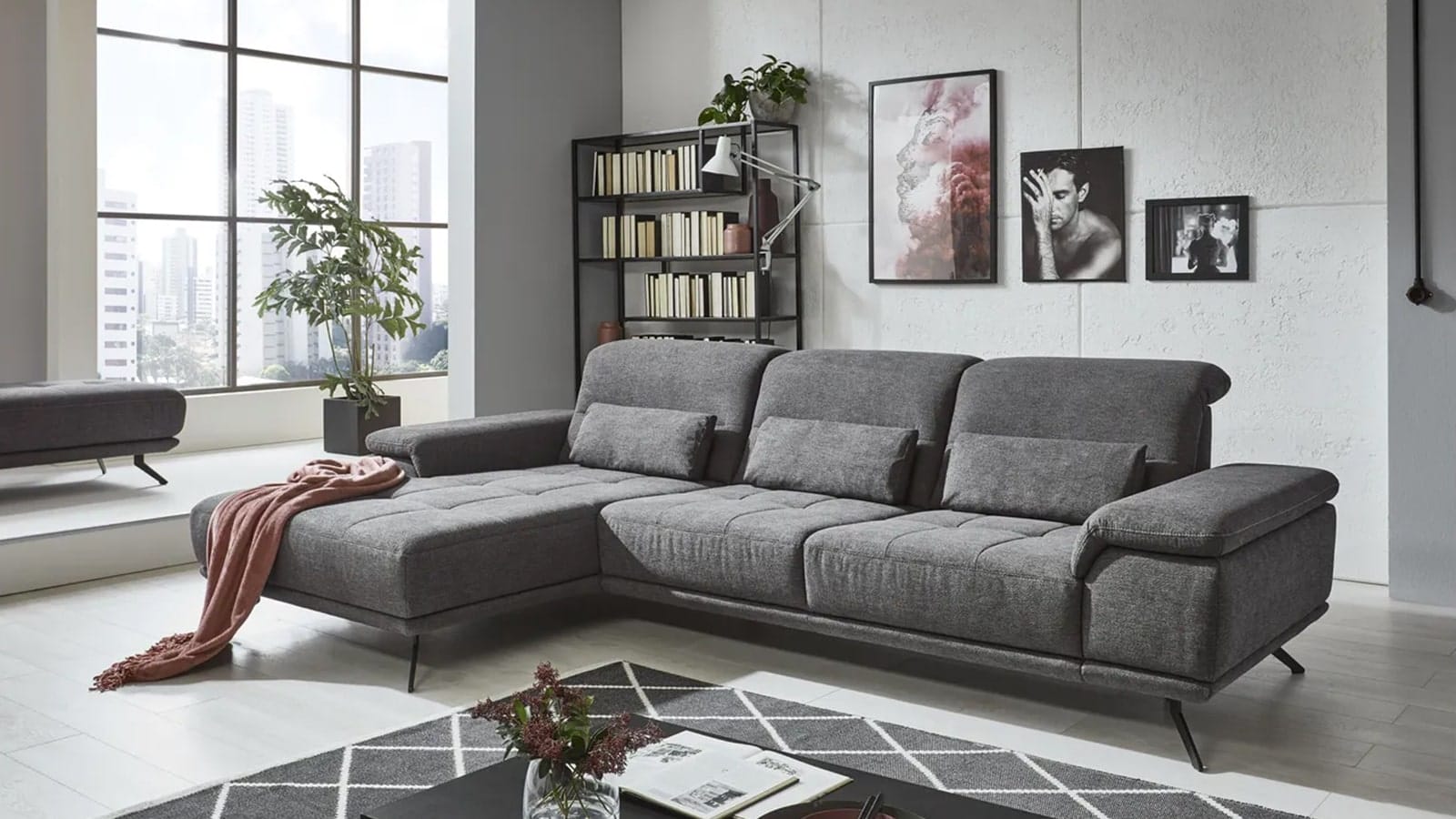 Sofa - Longchair links mit 3-Sitzer inkl. Kopfteil verstellbar, Stoff, Anthrazit – Bild 5