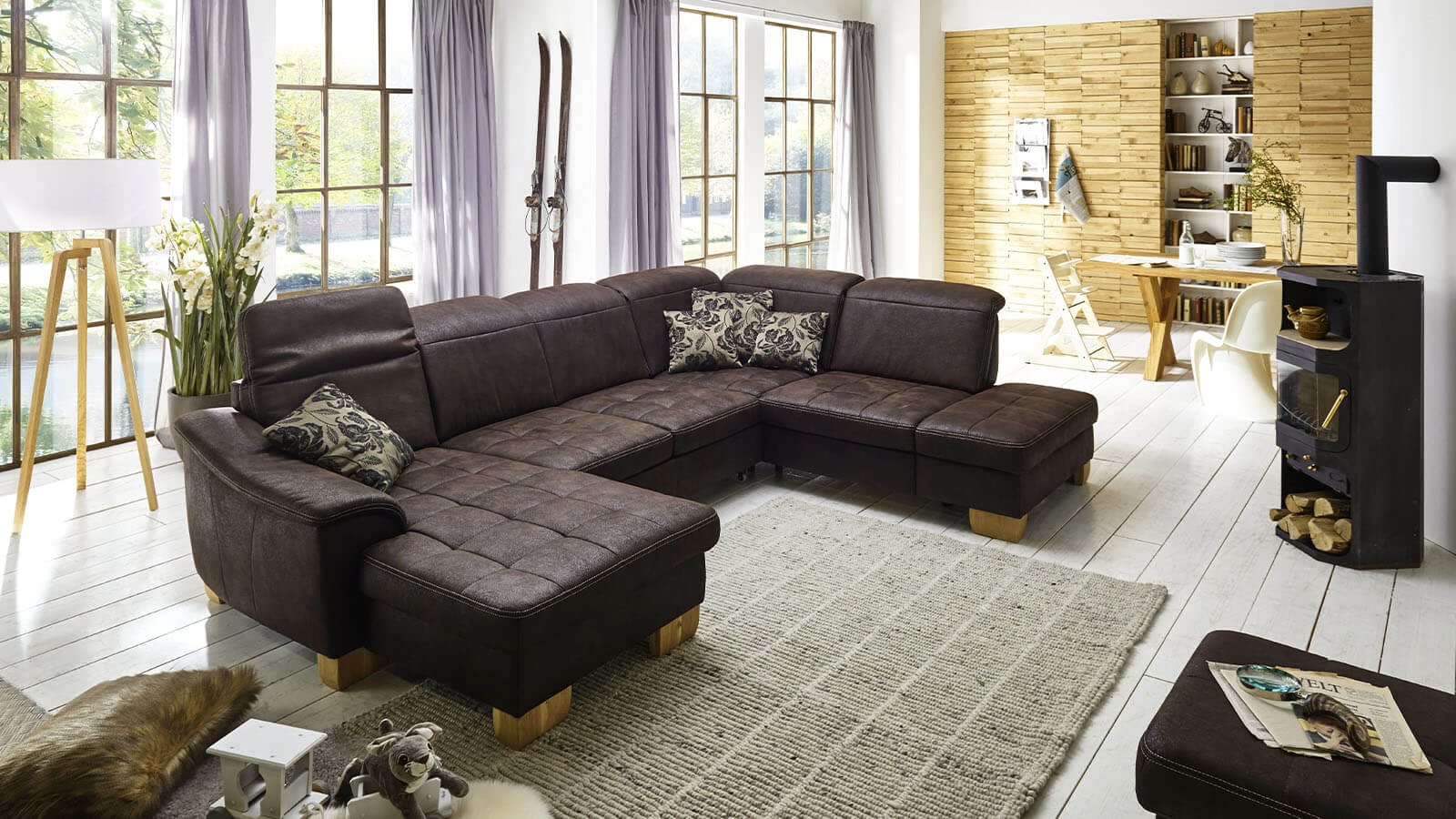 Wohnlandschaft - Longchair links mit 2,5-Sitzer und Ecke rechts, Kopfteil verstellbar, Stoff, Mocca – Bild 6