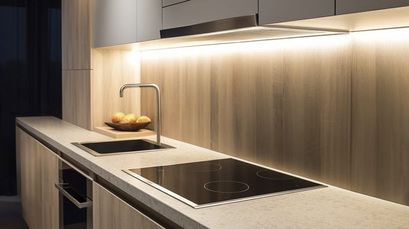 Moderne Küche mit indirekter LED-Beleuchtung unter den Hängeschränken, Kochfeld und Spüle.