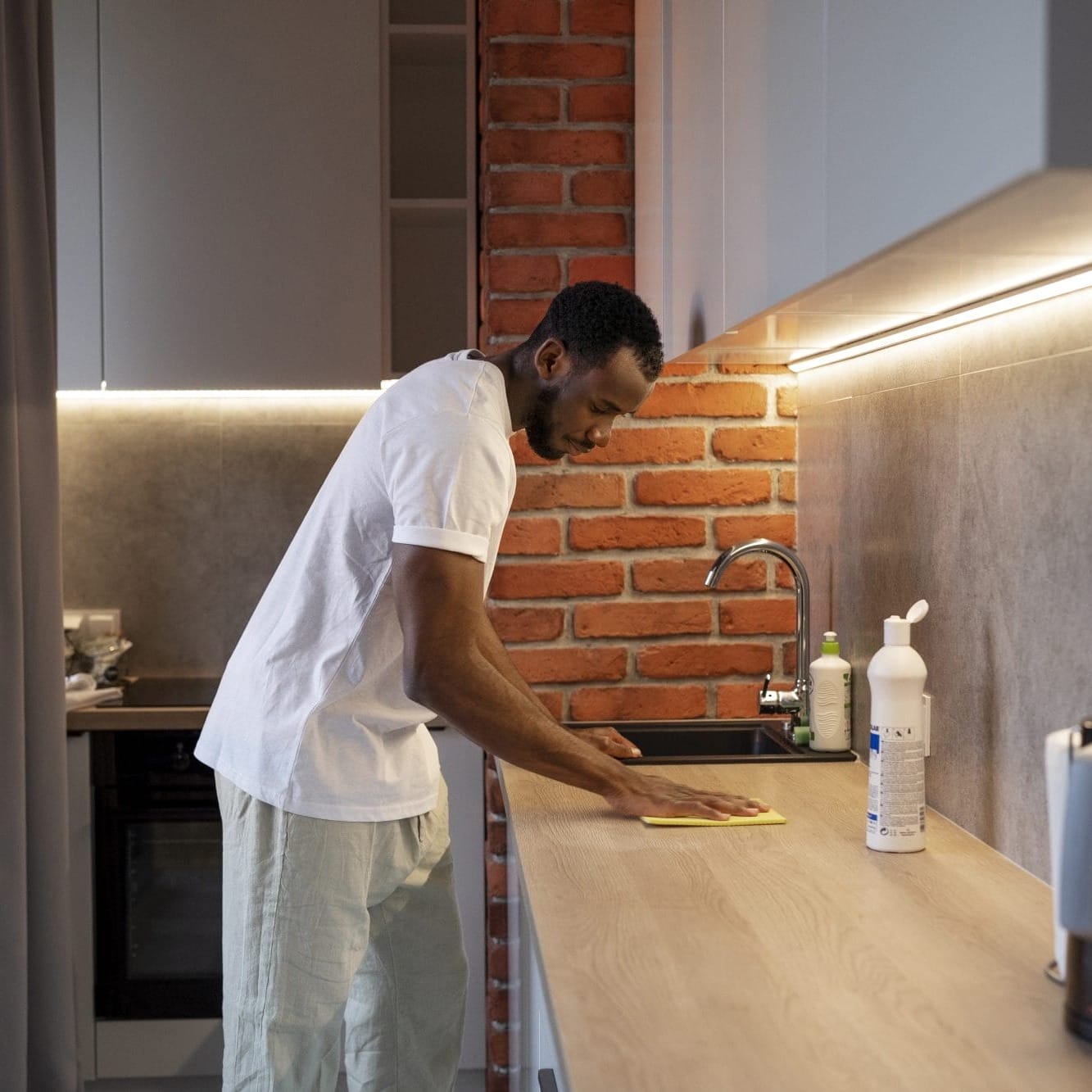 Kochen als großer Mann, ergonomische Küchenplatte, Arbeitsplatte für große Menschen, hohe Küchenplatte, Einrichtung für große Menschen