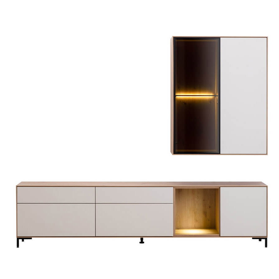 Moderne Wohnwand Medio von Global Family in Sand und Artisan Eiche mit LED-Beleuchtung, Vitrine, Lowboard und grifflosen Türen