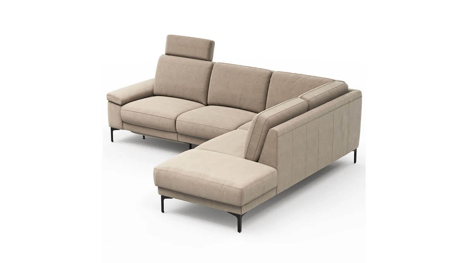 Hochwertiges Ecksofa Matero mit taupefarbenem Lederbezug, Sitzvorzug und schwarzen Winkelfüßen aus Metall