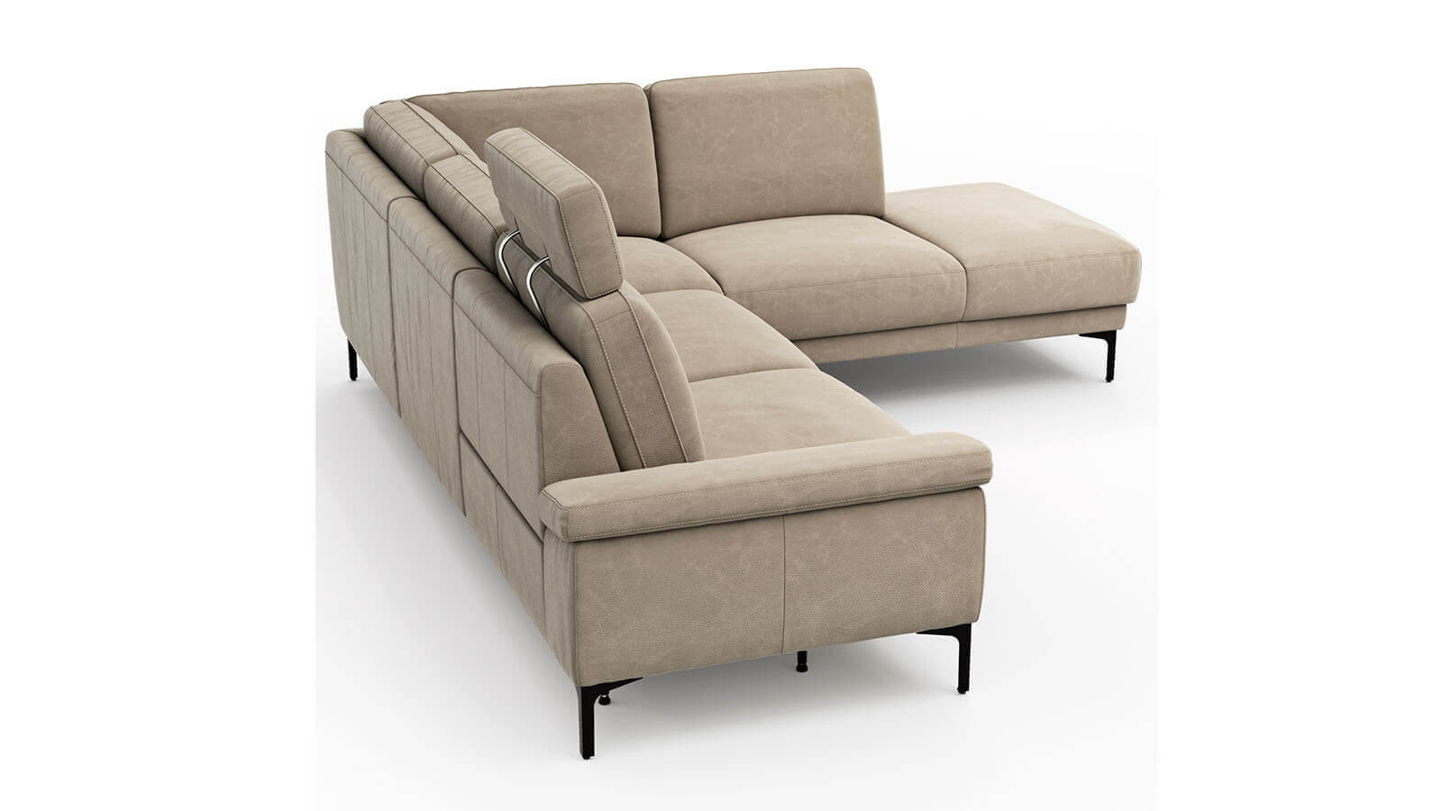 Hochwertiges Ecksofa Matero mit taupefarbenem Lederbezug, Sitzvorzug und schwarzen Winkelfüßen aus Metall